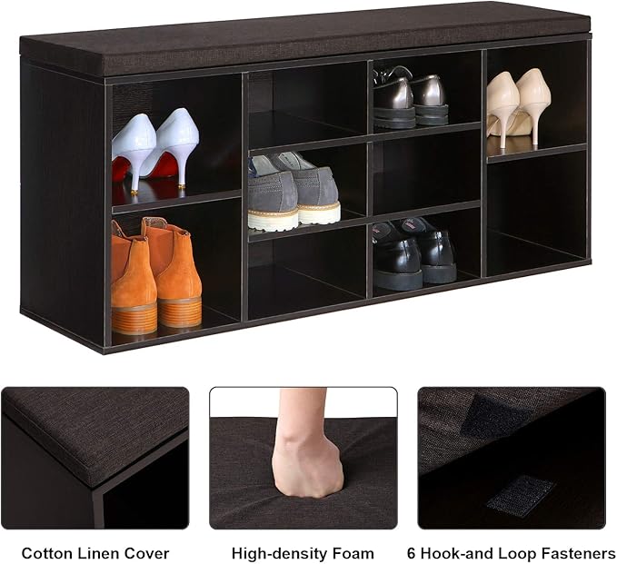 VASAGLE CUSTOS Collection - Shoe Bench, Storage Bench with Padded Seat, Entryway Bench with 10 Compartments, for Bedroom, 11.8 x 40.9 x 18.9 Inches, Espresso Brown and Chestnut Brown ULHS10BR