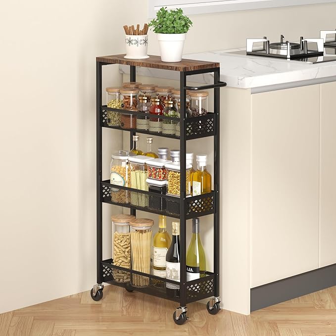 Slim Storage Cart 4 Tier Narrow Kitchen Rolling Cart on Wheels for Small Space, Mobile Utility Cart Shelving Unit with Wooden Top and Metal Handle for Kitchen, Bathroom, Laundry Room