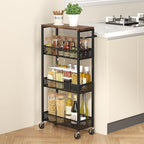 Slim Storage Cart 4 Tier Narrow Kitchen Rolling Cart on Wheels for Small Space, Mobile Utility Cart Shelving Unit with Wooden Top and Metal Handle for Kitchen, Bathroom, Laundry Room