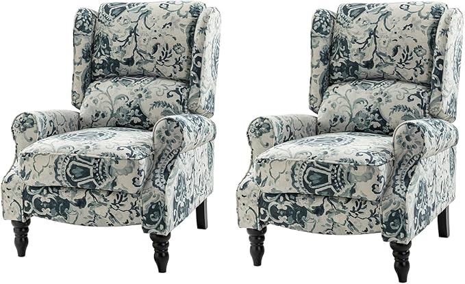 HULALA HOME Upholstered Wingback Recliner Chair Set of 2, Small Adjustable Footrest Push Back Single Reclining Sofa, Mid Century Modern Lounge Armchair for Living Room, Bedroom, Reading/Floral