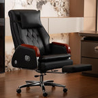 Kinnls Cameron Massage Chair Genuine Leather Executive Office Chair for Long Hours Ergonomic Home Chair Fully Reclining with Pillow,Retractable Footrest and Adjustable Headrest (Cowhide Leather-Black)