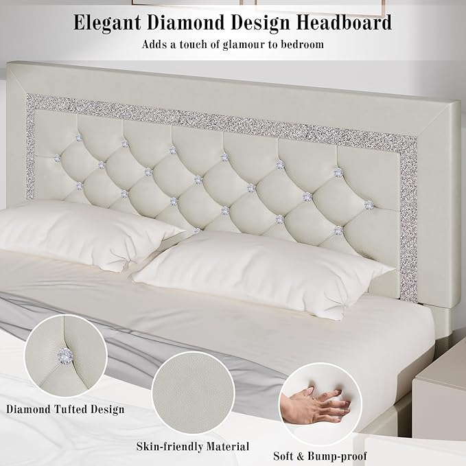 BarnFurin Queen Bed Frame with Diamond Tufted Headboard, Faux Leather Upholstered Bed with Wooden Slats Support, No Box Spring Needed, Mattress Foundation, Easy Assembly, Cream