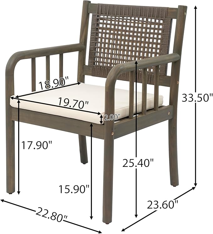 Christopher Knight Home Vera Outdoor Acacia Wood Dining Chairs, Rattan Woven Back Armchair, Armchair with Cushion Seat, Dining Chairs Set of 2, Patio Chair for Poolside Garden Balcony, Gray+Cream