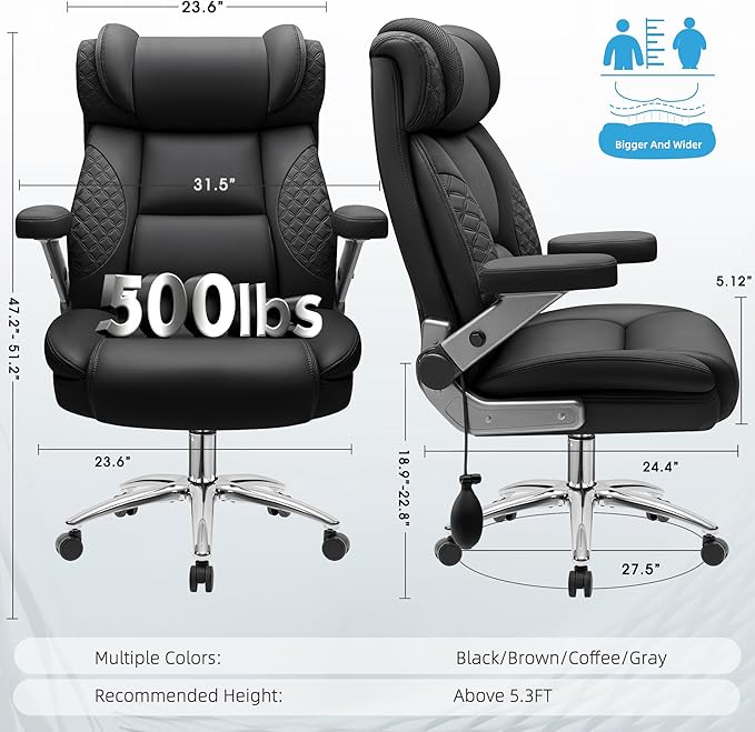 Big and Tall Office Chair, Desk Computer Chair for Heavy People, Oversized Executive Gaming Chair, Extra Wide 500LBS Ergonomic Comfy Office Chair with Adjustable Lumbar Support & 5D Flip Arms
