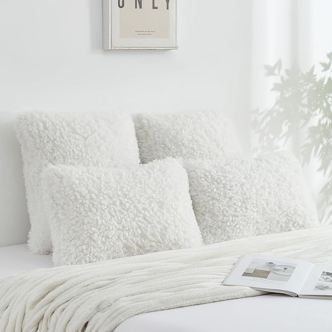 FUTEI Cream White Decorative Throw Pillow Covers 16x16 Inch Set of 2,Soft Fluffy Faux Wool Fur Boucle Textured Cushion Case,Modern Home Decor for Couch Bed Living Room Office