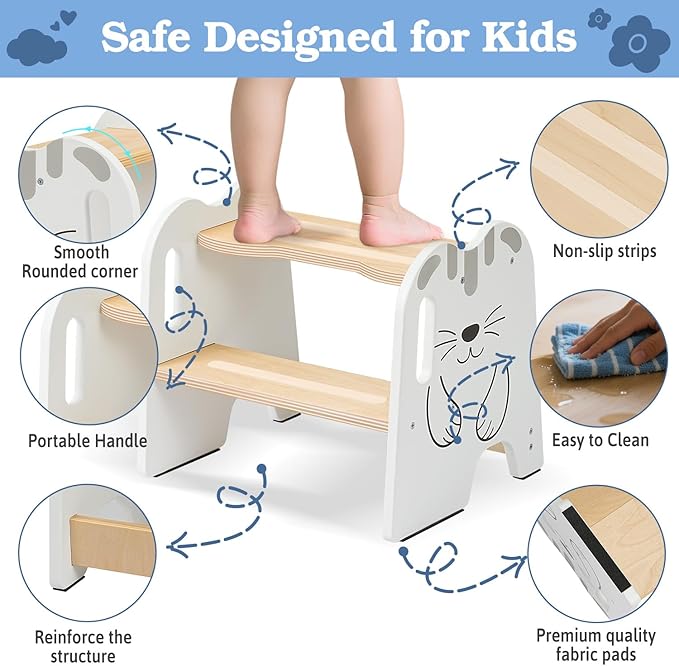 Wooden Step Stool - Two Step Stools Toddler 250 lbs Capacity with Safety Non-Slip Pads - Potty Training Stool for Bathroom Sink, Bedroom, Kitchen Dual Height Step Stools for Kids(Cat|White)