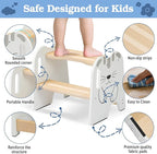 Wooden Step Stool - Two Step Stools Toddler 250 lbs Capacity with Safety Non-Slip Pads - Potty Training Stool for Bathroom Sink, Bedroom, Kitchen Dual Height Step Stools for Kids(Cat|White)