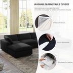 Cloud Couch Modular Sectional Sofa with Storage Ottoman,160.6" Down Filled 6 Seater Couch,V Shaped Oversized Convertible Sectional Sofa for Living Room,Covers Removable & Washable, Black
