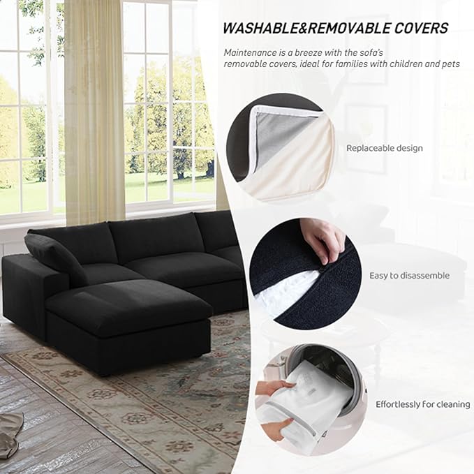 WJShome Cloud Couch Modular Sectional Sofa,160.6" Down Filled 5 Seater Convertible Sectional Sofas,V Shaped Couch for Living Room,Covers Washable&Replaceable (Black)