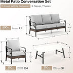 6 Piece Metal Outdoor Patio Furniture Sets, Patio Conversation Sets 1 3-Seater Sofa, 4 Single Sofa with 5.75" Thick Cushion & Coffee Table, Black Frame Backyard Furniture, Light Gray