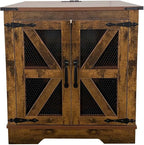 White Farmhouse End Table with Charging Station, 24" Wood Sofa Side Table with Mesh Barn Door, Nightstand with Adjustable Storage Shelf for Living Room, Square