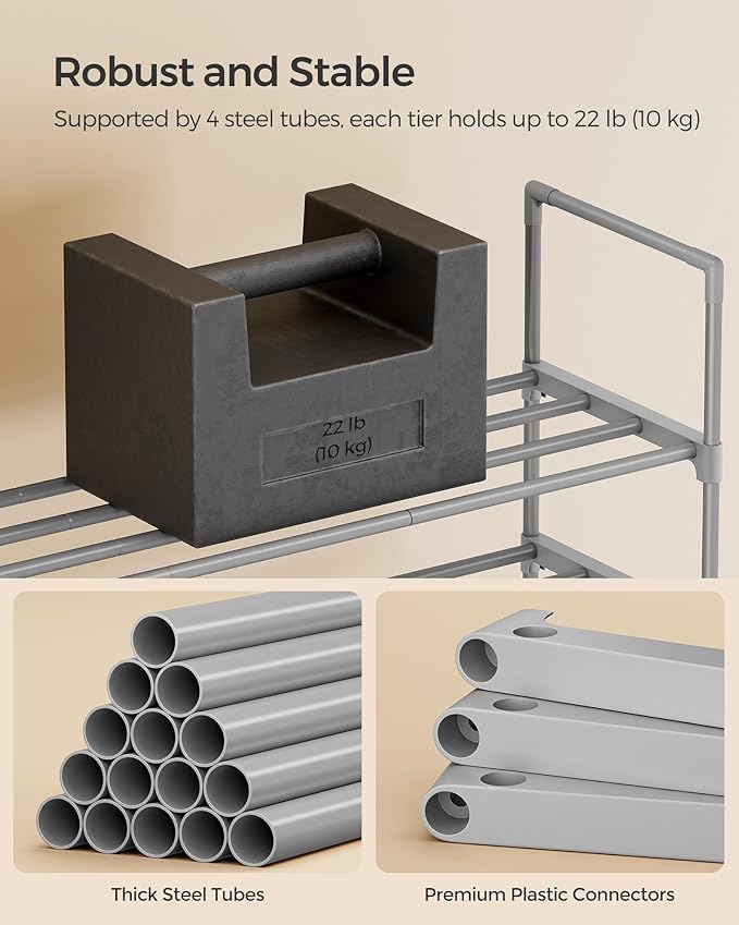 SONGMICS Shoe Rack, 3-Tier Shoe Organizer, Metal Storage Shelf, Upright or Upside Down, for 16-20 Pairs, Stackable, for Entryway, 11.8 x 36.2 x 21.7 Inches, Gray ULSA303G01