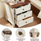 Farmhouse Nightstand Set of 2, Vintage Couch End Table with 3 Drawers & 4 Square Solid Wood Legs, Rustic Bed Side Table with Storage, Small Dresser for Bedroom, Living Room, White