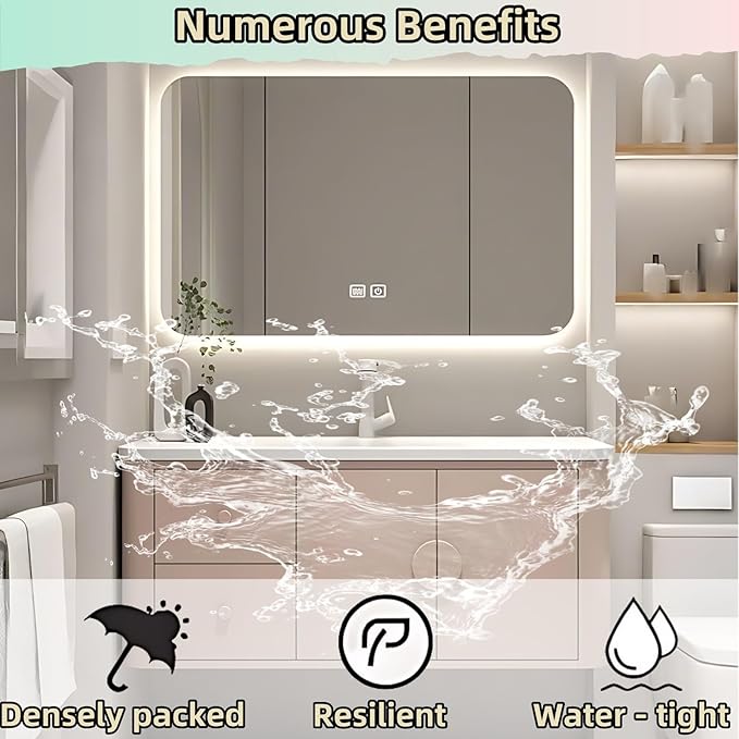 56IN Pink Modern Bathroom Vanity - Bathroom Vanities Set with 2 Drawers Wall Mounted | Rounded Corner Smart Defogging Mirror Cabinet with Lighting & Time Display, Side Opening Storage Shelf (Style B)