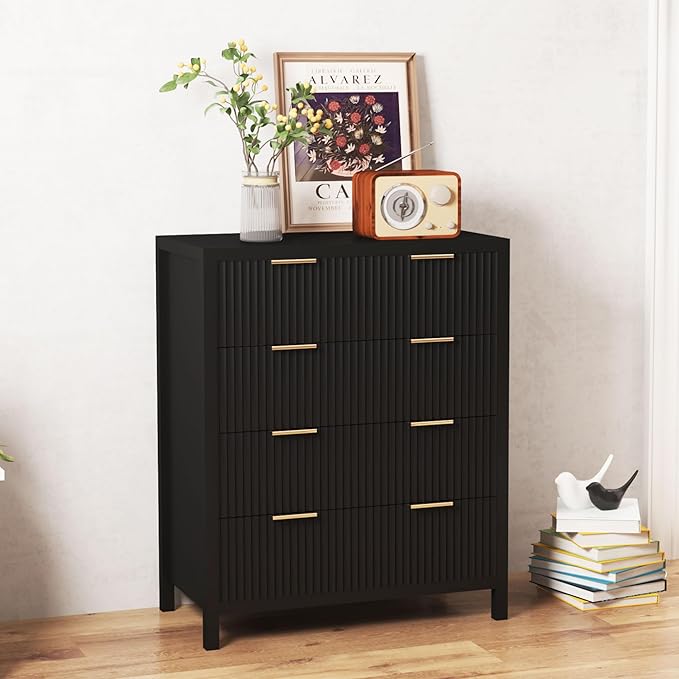 4 Drawer Dressers for Bedroom, Modern Closet Chest of Drawers with Waveform Fluted Panel, Large Wood Storage Dresser Organizer for Nursery Bedroom Living Room Hallway Closet, Black