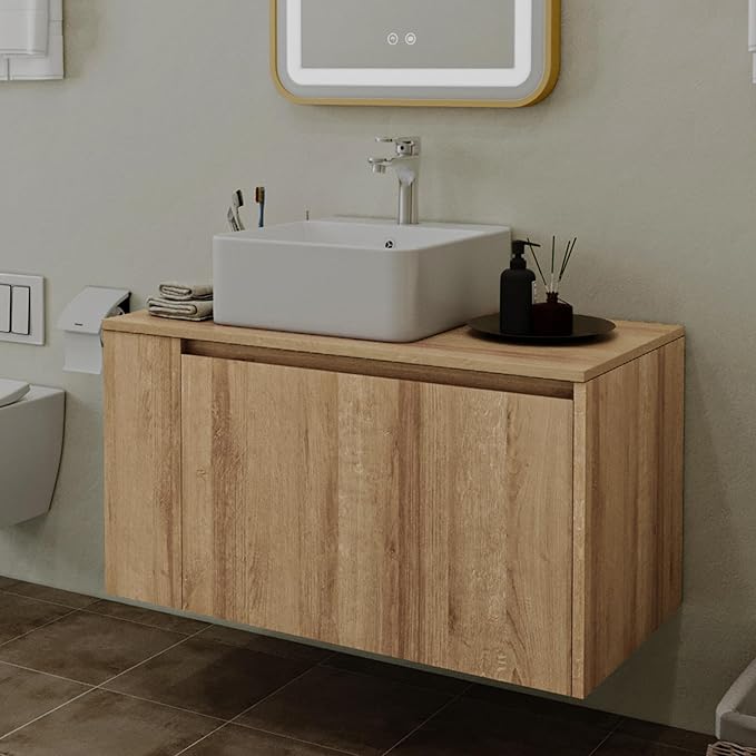 Bathroom Vanity, Natural Color Wall-Mounted Bathroom Vanity with Hidden Drawer (Nature with Sink, 36")