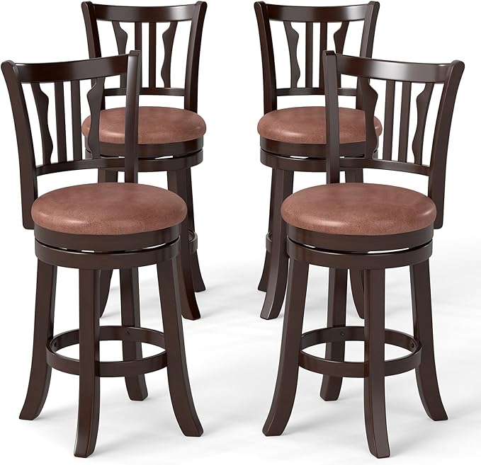 COSTWAY 26" Counter Height Stools Set of 4, Swivel High-Top Chairs with Backrest & Faux Leather Padded Seat, Rubber Wood Counter Barstools with Footrest for Kitchen, Dining Room, Pub (4,26'')