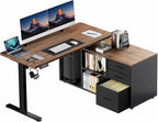 HUANUO L Shaped Standing Desk, Electric Executive Desk with Drawers, Adjustable Height Stand Up Desk, 55″ x 23.6″ One-Whole Piece Desktop, Home Office Computer Desk with 4 Memory Presets, Walnut