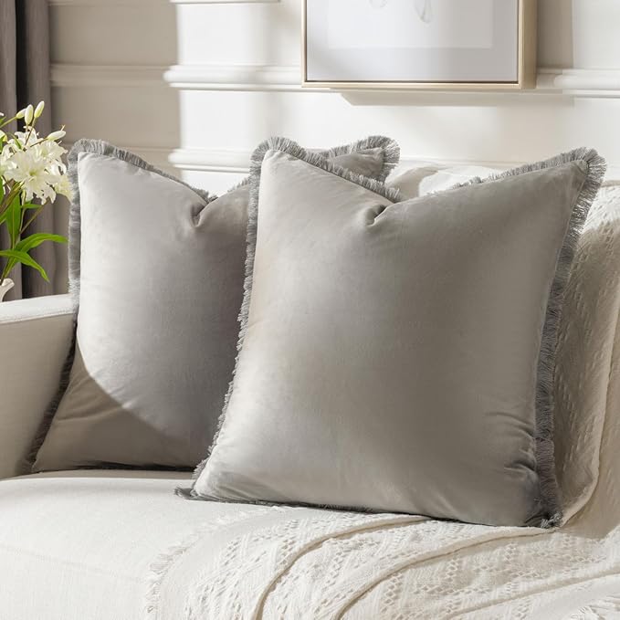 FUTEI Grey Velvet Decorative Throw Pillow Covers 22x22 Set of 2,Soft Cozy Edge with Tassels Cushion Case,Boho Modern Home Decor for Couch Bed Living Room