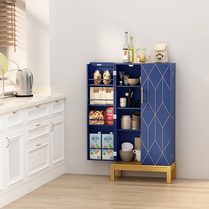 ARTPOWER 45'' Kitchen Pantry Cabinet, 4 - Layer Storage Cupboard with Adjustable Shelves for Storage Cabinet Pantry, Food Pantry Cabinet for Kitchen, Dining Room and Living Room,Gold Legs, Blue