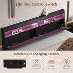 Headboard Only,Modern Headboard with Storage Built-in Power Outlets 2 USB Ports LED Lighting, Gap-Free Wall Design Easy Assembly (Black, Queen (U.S. Standard))