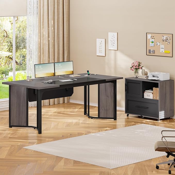 63" Executive Desk with Mobile File Cabinet, Large Office Desk with Drawer, Modern L Shaped Desk with Power Outlets, Storage Shelves, Corner Computer Desk Business Workstation Set (Grey)