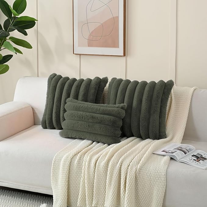 FUTEI Olive Green Decorative Throw Pillow Covers 16x16 Inch Set of 2, Square Soft Faux Rabbit Fur Big Striped Cushion Cover,Home Decor for Couch Sofa Bed Living Room