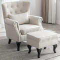 Accent Reading Arm Chairs with Ottoman for Living Room Bedroom, Midcentury Modern Comfy Corner Sofa Chair, Wingback Waiting Room Club Chair with Button Tufted Back &Lumbar Pillow, Linen Beige