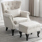 Accent Reading Arm Chairs with Ottoman for Living Room Bedroom, Midcentury Modern Comfy Corner Sofa Chair, Wingback Waiting Room Club Chair with Button Tufted Back &Lumbar Pillow, Linen Beige