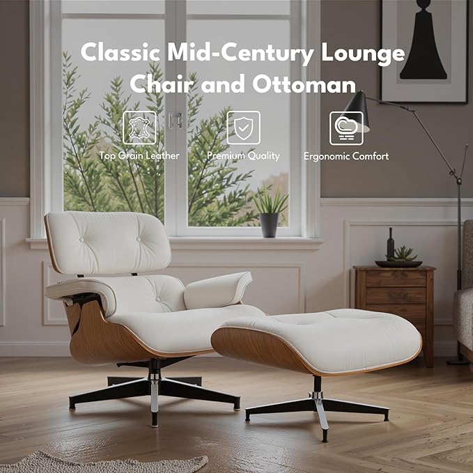 Top Grain Leather, Mid Century Chaise Lounge Chair and Ottoman, Modern Chair Classic Design, Heavy Duty Base Support for Living Room Study Lounge Office, Walnut-White, Heightening