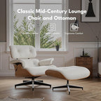Top Grain Leather, Mid Century Chaise Lounge Chair and Ottoman, Modern Chair Classic Design, Heavy Duty Base Support for Living Room Study Lounge Office, Walnut-White, Heightening