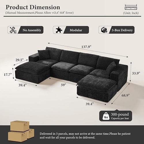 108" Sectional Couches for Living Room Boneless Couch Upholstered Cloud Couch Sectional Modular Sectional Sofa with L Shaped (Chenille-Black, 4 Seat+2 Ottoman)