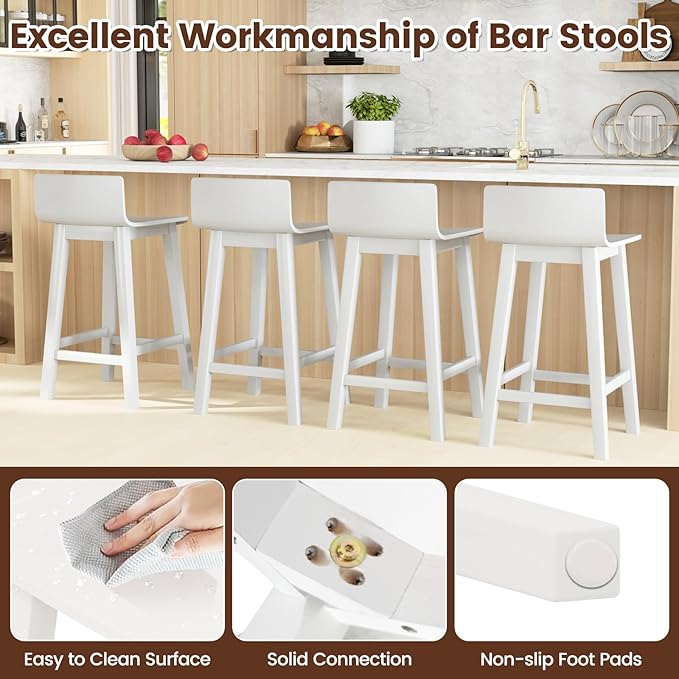 COSTWAY Solid Wood Bar Stools Set of 4, 24.5-inch Counter Height Chairs with Low Back and Footrest, Farmhouse Wooden Armless barstools for Kitchen Island, Dining Room, Cafe, Breakfast, White