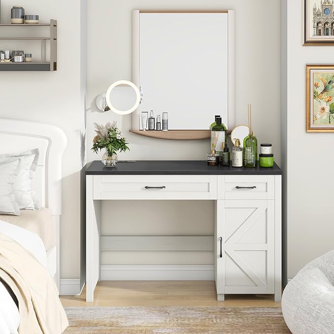 Vabches Farmhouse 47" Executive Desk, Computer Desks with Drawers and Storage Cabinet, Workstation Computer Desk for Home Office, Study.(Black).