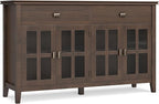 SIMPLIHOME Artisan Buffet - 60 inch Wide Solid Wood 4-Door Sideboard Buffet in Natural Aged Brown, Storage Cabinet for Dining Room or Kitchen with Adjustable Shelves and Square Knobs