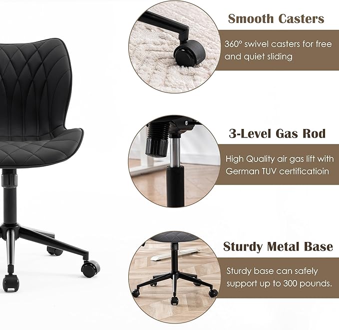 YOUNUOKE Armless Desk Chair Comfy Office Chair with Wheels Home Ergonomic Task Chair Adjustable Computer Chairs Modern Faux Leather Swivel Chair Upholstered Makeup Vanity Chair with Back(Black)