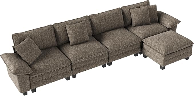 157-Inch L Shaped Sectional Sofa with Cloud Cushions, Deep Seat Modular Couch Set w/ 5 Seats & 1 Ottomans, Removable Arms, Plush Chenille Upholstery for Living Room, Apartment - Smoky Gray