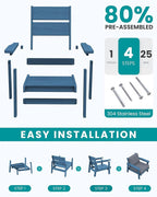 SERWALL 4 Piece HDPE Outdoor Furniture Set, All Weather Wood-Like Outdoor Sofa Sectional Couch, Blue Patio Furniture Set with Grey Cushions