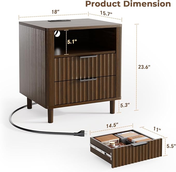 Fluted Nightstand Set of 2, 2 Drawers Storage Bedside Table with Charging Station, Wood Modern Nightstand with Open Shelf, Curved Profile Design, End Table for Indoor Room Bedroom, Walnut