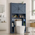 Over The Toilet Storage Cabinet, Farmhouse Toilet Cabinet Rack with Barn Doors, Space Saving Bathroom Organizer with Shelves, Toilet Paper Holder and Towel Rack for Bathroom,Restroom,Laundry,Blue