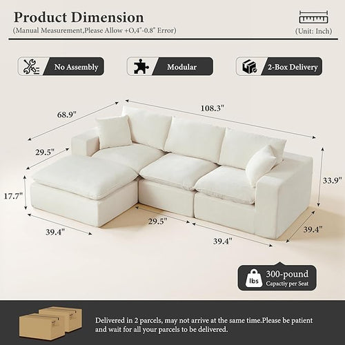 108" Sectional Couches for Living Room Boneless Couch Upholstered Cloud Couch Sectional Modular Sectional Sofa with L Shaped (Chenille-White, 3 Seat+1 Ottoman)
