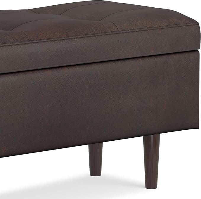 SIMPLIHOME Shay 48 inch Wide Mid Century Modern Rectangular Storage Ottoman in Distressed Chestnut Brown Vegan Faux Leather, Assembled, For the Living Room, Entryway and Family Room