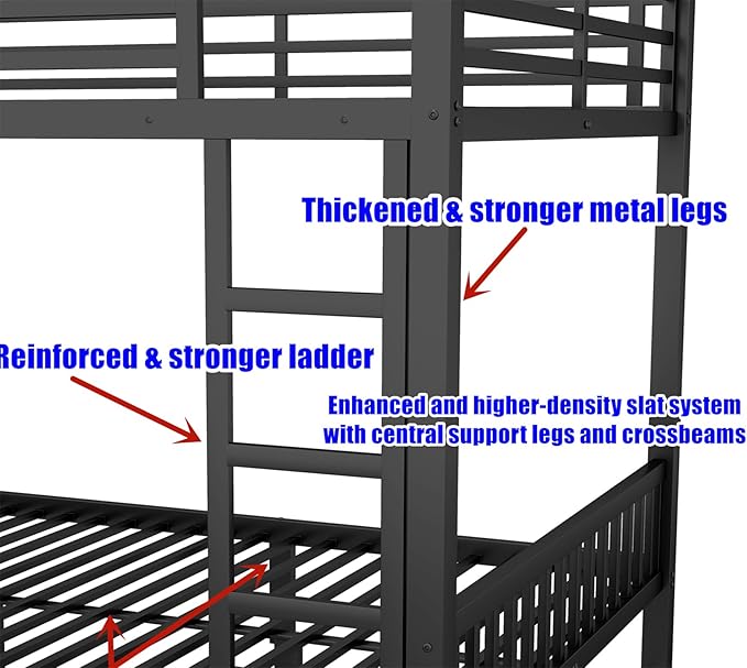 Higher Quality & Stronger Metal Queen Over Queen Bunk Bed, Thickened Heavy Duty More Stable Safer Black Steel Bunkbed Bunk Queen Bed (Easier to Assemble) (Queen Over Queen)