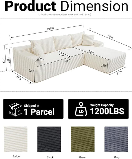 108 Inch Cloud Sectional Couch,Modern Modular Sectional Sofa with Deep Seat,Corduroy Boneless Couches with L-Shape Chaise for Living Room,No Assembly Required (Beige, Right Facing Chaise)