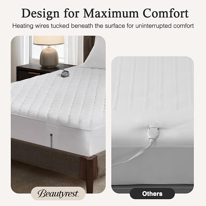 Beautyrest Cotton Heated Mattress Pad - Bed Warmer with 20 Heat Settings Controller, Auto Shut Off Timer, All Around Elastic Deep Pocket, UL Certified, Machine Washable, White King