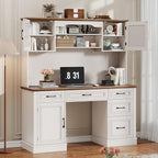 67" H Farmhouse Executive Desk with Hutch. Wood Workstation with 5 Drawers, Storage Cabinet, File Drawers and Charging Station, Ideal as Office Desks, Computer Desk for Home Office and Study