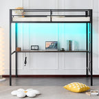 Karl home Twin Metal Loft Bed with Desk, with Power Outlet and LED Lighted, Safety Guardrail & Ladder, Space Saving, No Noise, No Box Spring Needed, Black&Brown