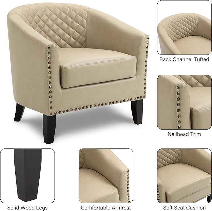 Pia Ricco Faux Leather Barrel Accent Chair, Modern Club Arm Chair Comfy Upholstered Single Sofa Chair with Solid Wood Legs and Nailhead Trim for Living Room/Reading Room, Beige