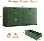 Green 6 Drawer Dresser for Bedroom, 55" Wide Modern Chest of Drawers with Gold Metal Handles, Fluted Wood TV Stand for Living Room, Hallway