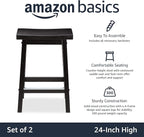 Amazon Basics Solid Wood Saddle-Seat Kitchen Counter Barstool with Footrest, Easy Assembly - 24-Inch Height - Black - Set of 2